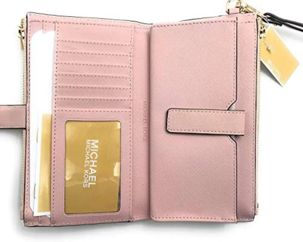 Travel Double Zip Saffiano Leather Wristlet Wallet