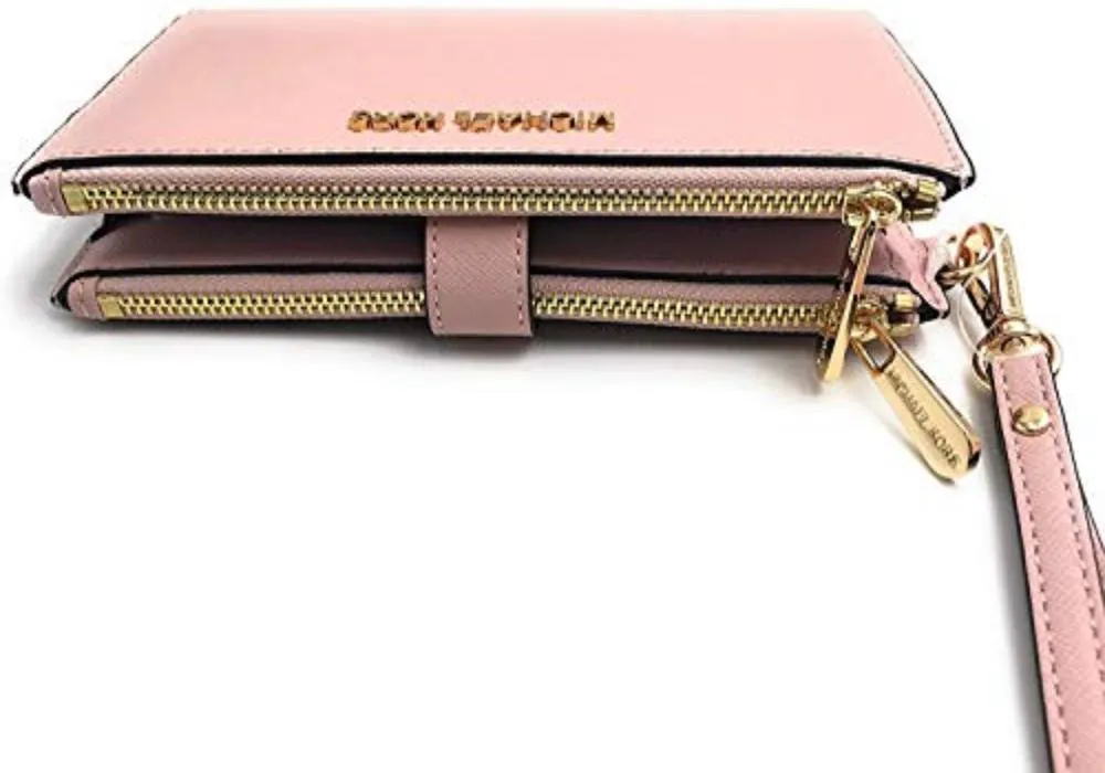 Travel Double Zip Saffiano Leather Wristlet Wallet