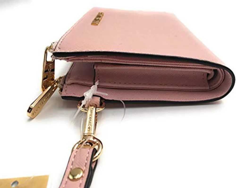 Travel Double Zip Saffiano Leather Wristlet Wallet