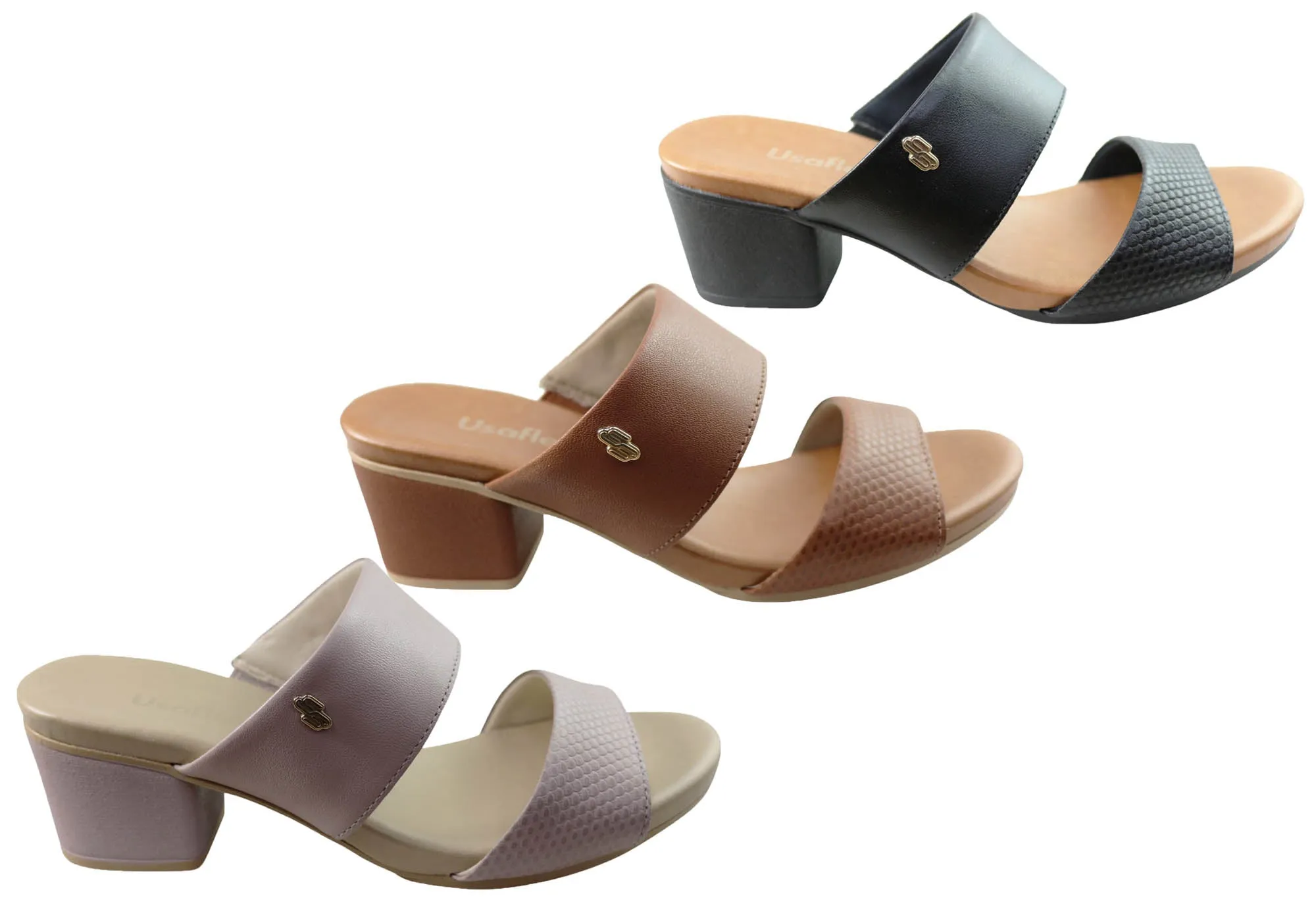 Usaflex Anita Womens Comfortable Leather Low Heel Slides Sandals