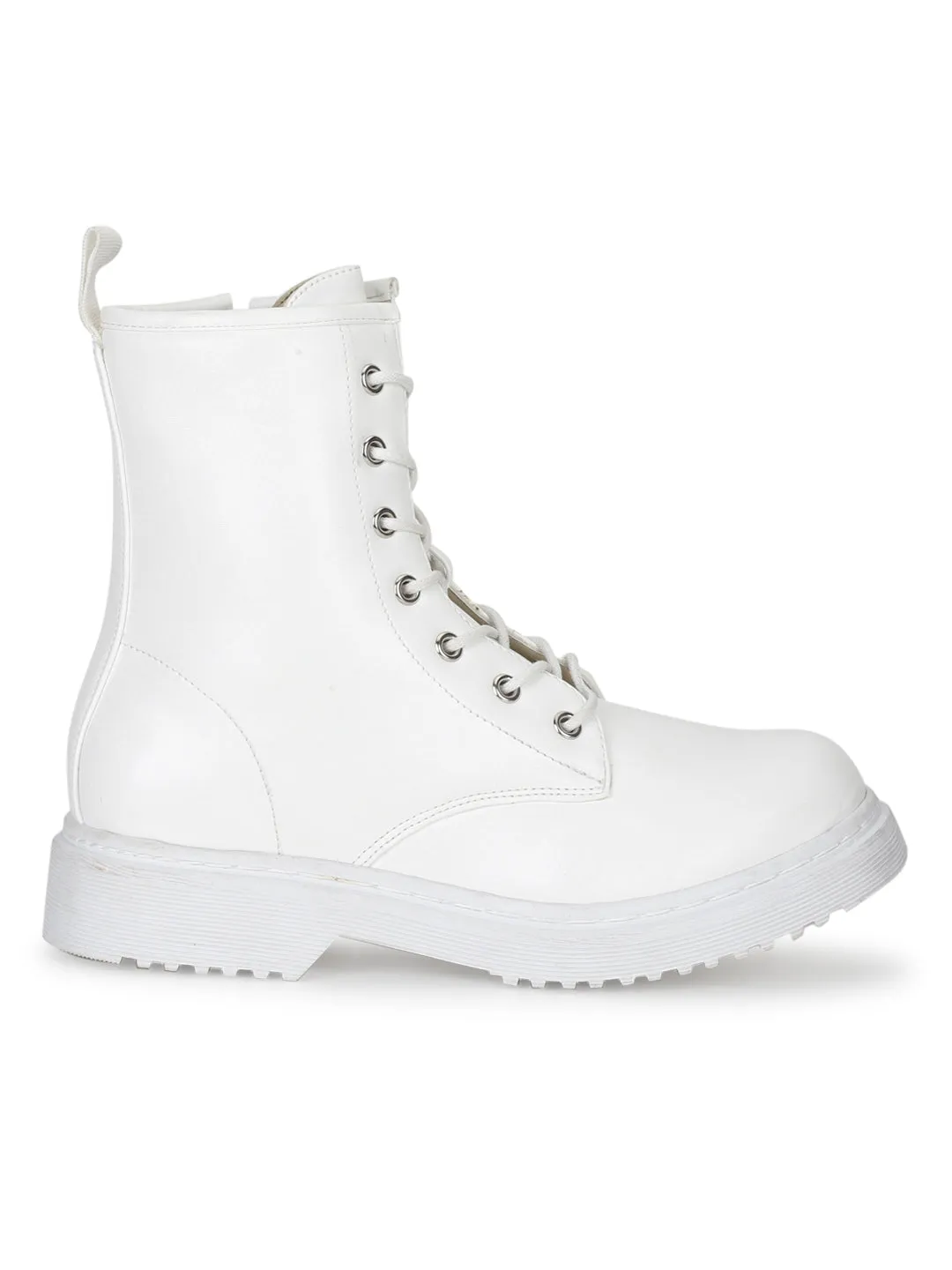 White PU Lace-Up Biker Ankle Boots