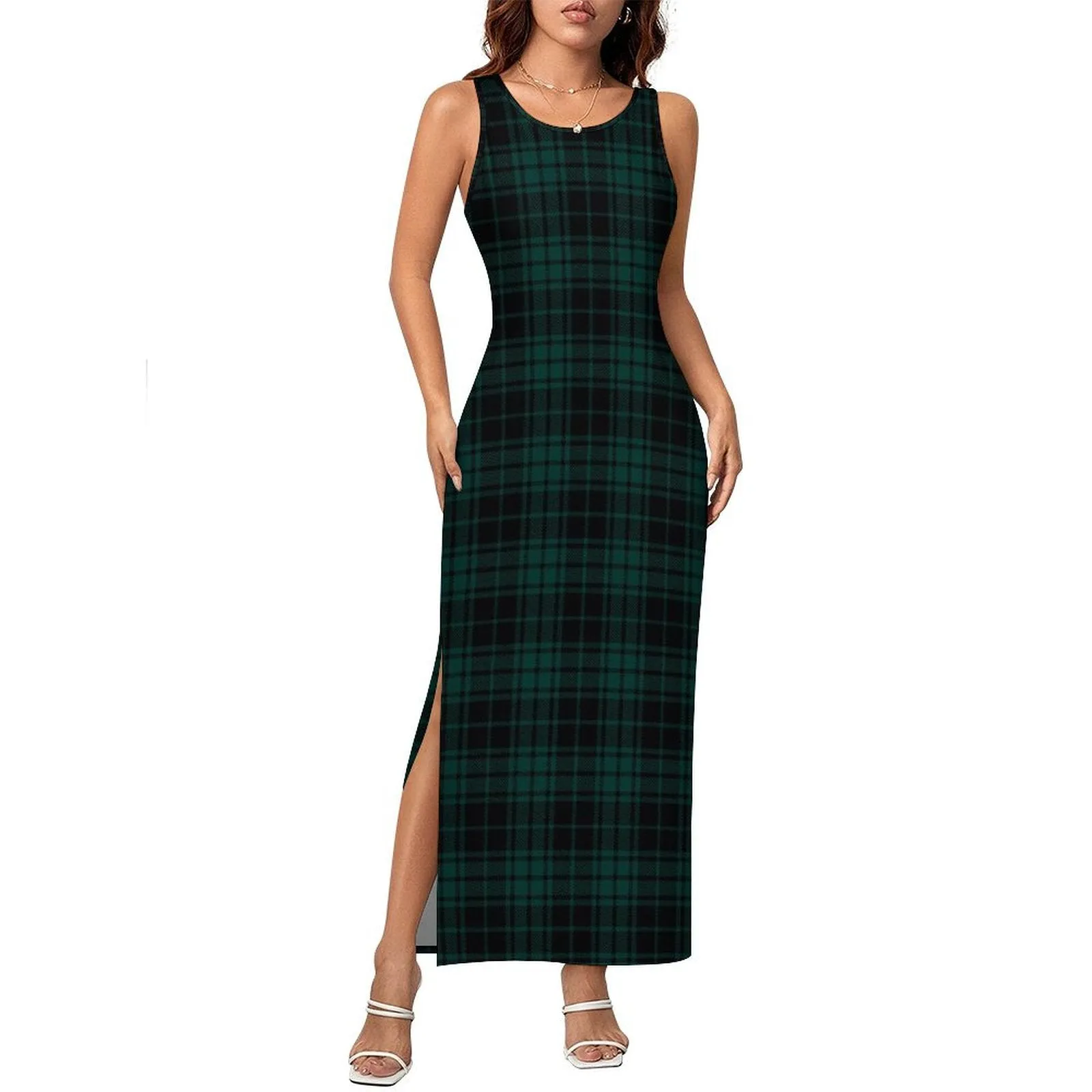 Wintergreen Plaid Sleeveless Bodycon Side Slit Long Dress Split cheongsam