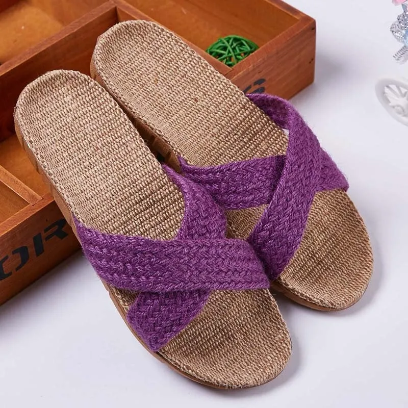 Woven Hemp Sandals With Cross Straps - Women's Non-slip Flat Shoes With Straw Holes - Linen Slippers Casual Beach Slippers - Unisex Comfy