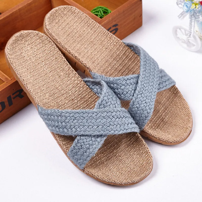 Woven Hemp Sandals With Cross Straps - Women's Non-slip Flat Shoes With Straw Holes - Linen Slippers Casual Beach Slippers - Unisex Comfy