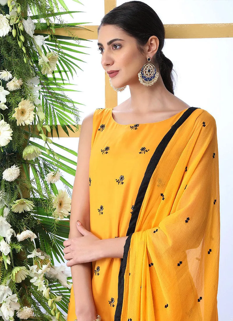 Yellow And Black Embroidered Palazzo Style Suit