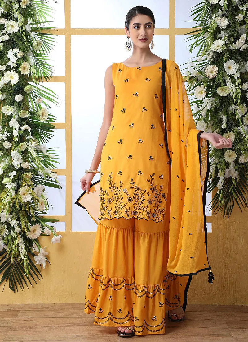 Yellow And Black Embroidered Palazzo Style Suit