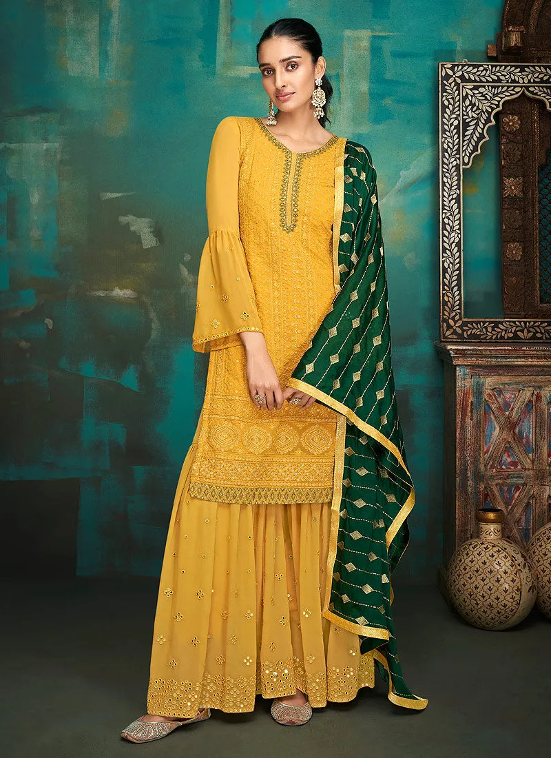 Yellow And Green Georgette Designer Gharara Suit