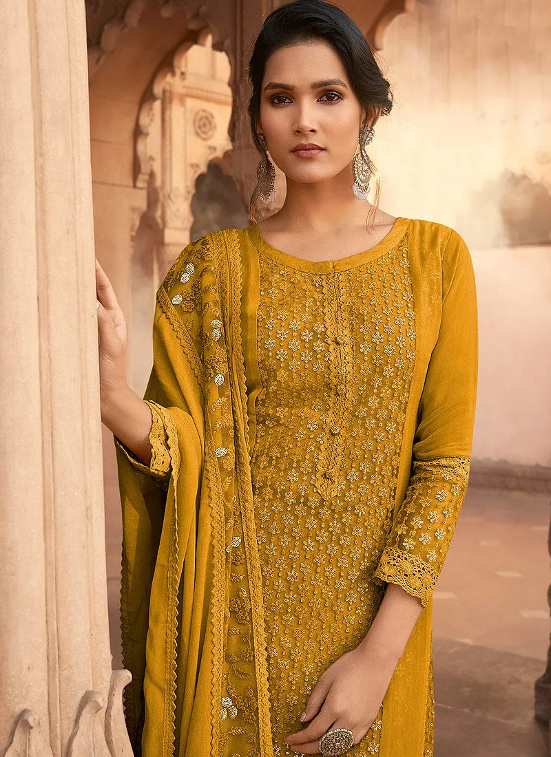 Yellow Designer Embroidered Palazzo Suit