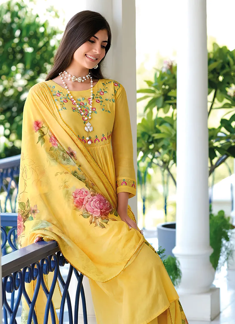 Yellow Embroidery Cotton Anarkali Pant Suit