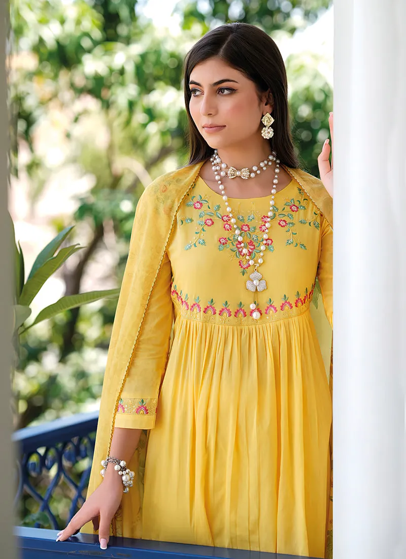 Yellow Embroidery Cotton Anarkali Pant Suit