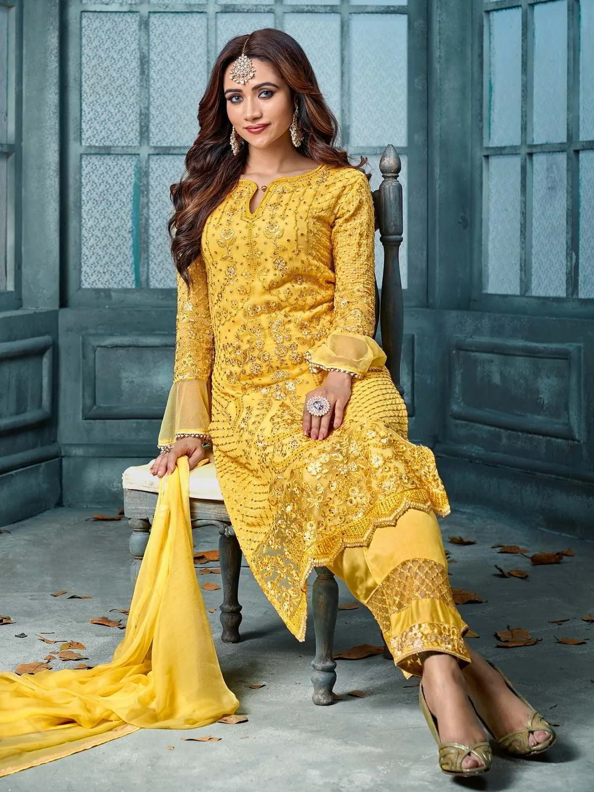 Yellow Overall Designer Embroidered Pant Suit